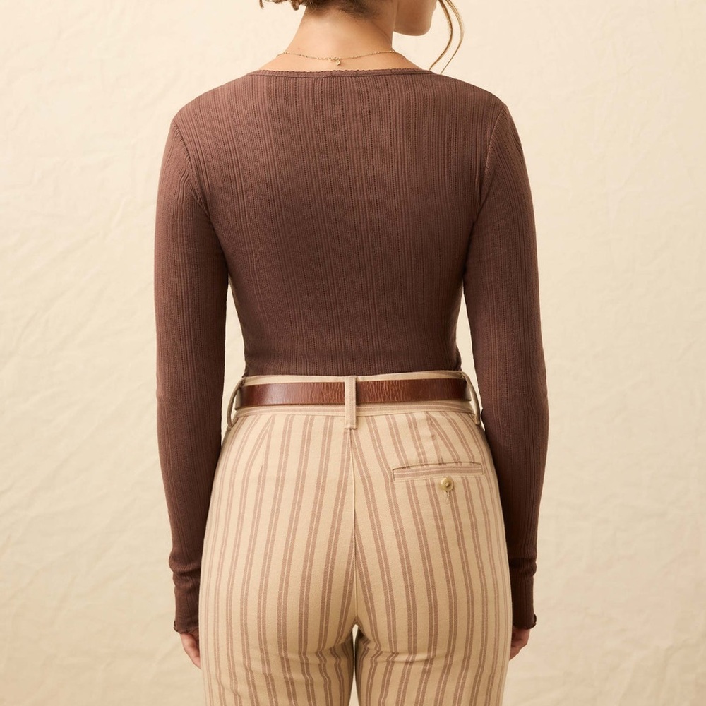 Faherty Paradise Pointelle Long Sleeve Henley Top Chocolate Brown - Picture 2 of 9